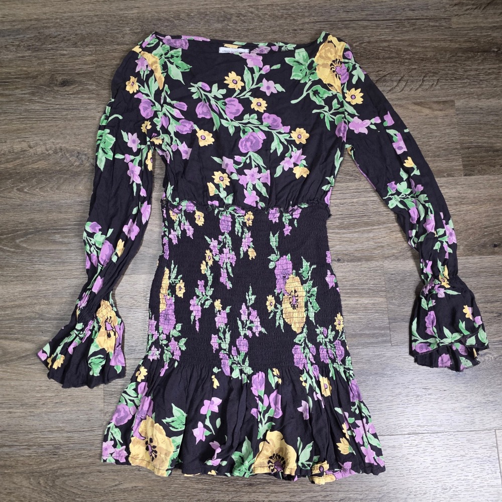 Urban Outfitters Womens S Mini Dress Black Floral Smocked Long Sleev Ruffle Boho